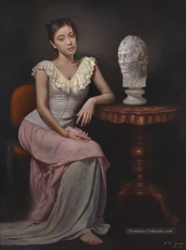 fille chinoise Voltaire bleue et blanche Peinture à l'huile